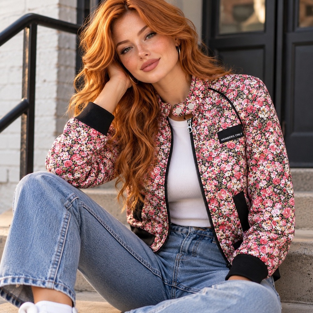 Members Only Women's L Floral Racer Jacket Pink Lightweight Bomber Streetwear
